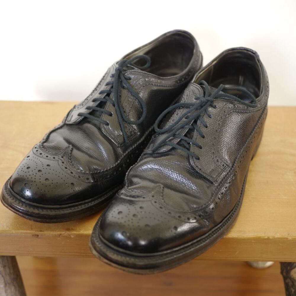 Vintage 1970s SEARS Genuine Black Leather Dress Wingtips Brogues Oxfords 9.5 43